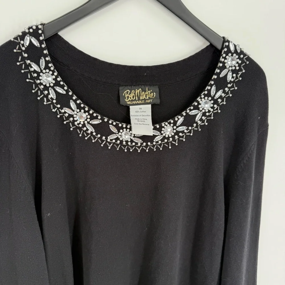 Bob Mackie Wearable Art Black Sweater Size 1X Pullover Beaded Neckline /cuffs